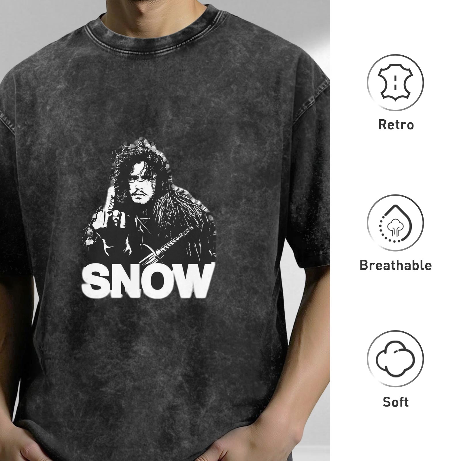 Oversized Stonewashed T-Shirt with Jon Snow Graphic Print