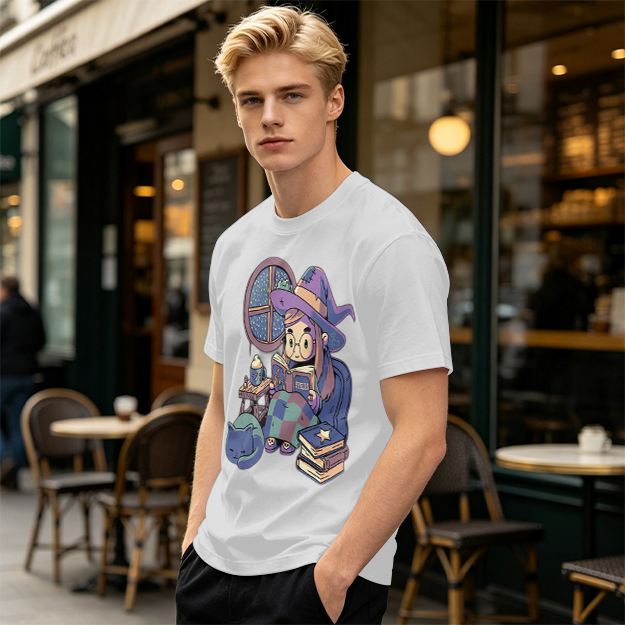 Olive t-shirt with cozy reading witch and cat graphic
