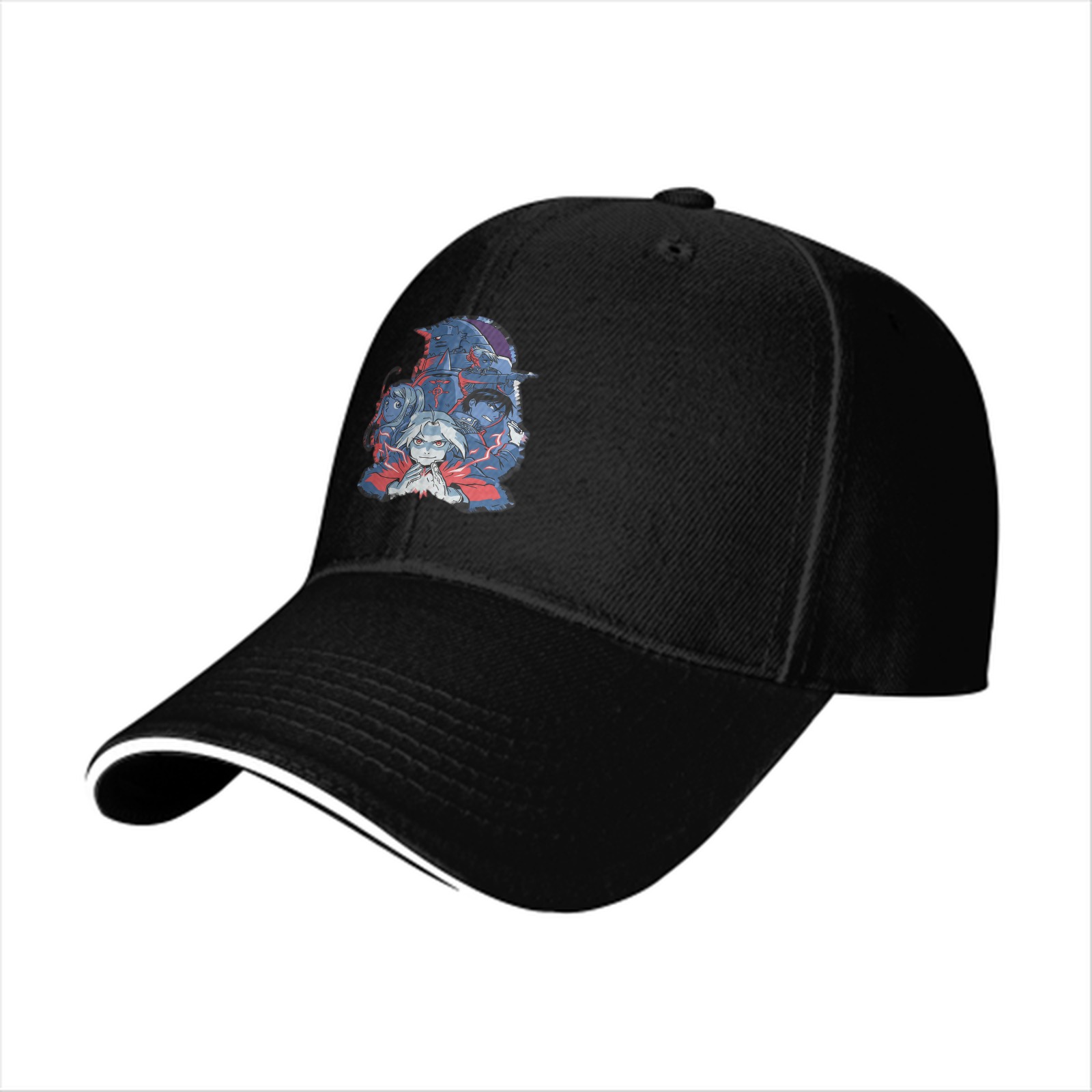 Black Baseball Cap with Dark Anime Character Graphic Print