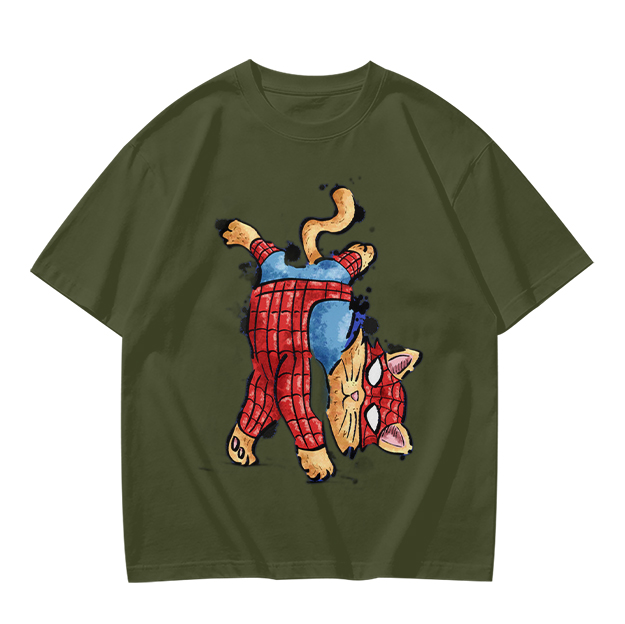 Olive T-Shirt With Playful Spider Cat Superhero Graphic Print