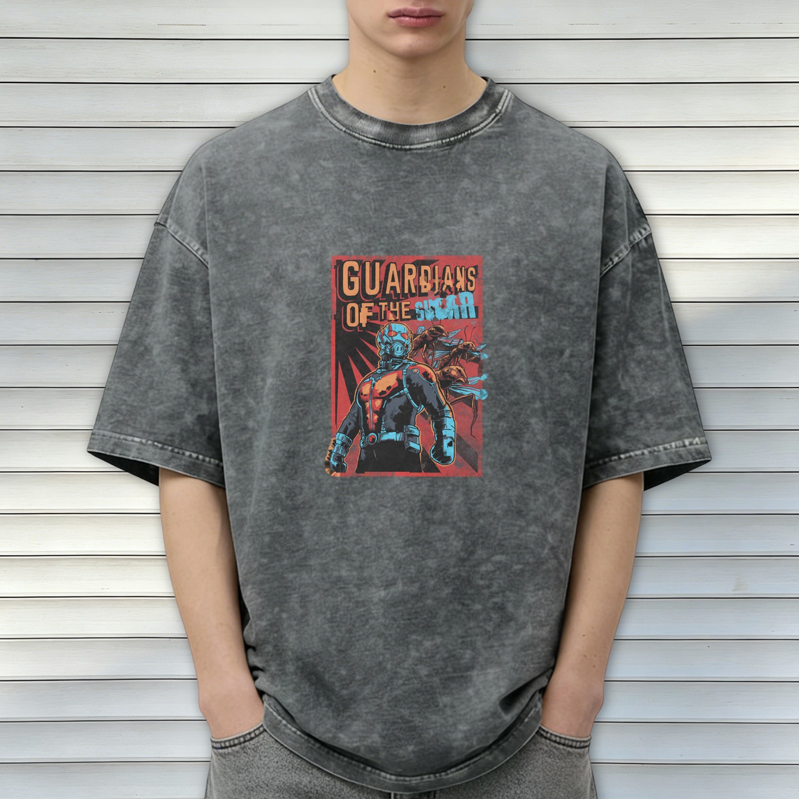 Washed black graphic t-shirt with Guardians of the Galaxy style superhero print