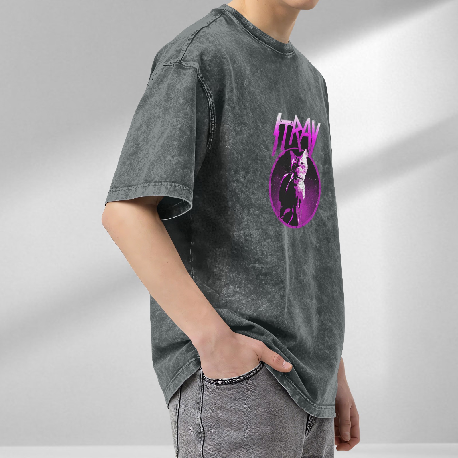 Stray Game Cat Graphic Acid Wash Black T-Shirt