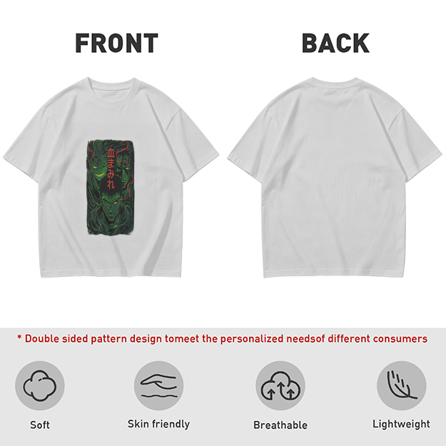 Olive anime graphic t-shirt with three dark fantasy characters