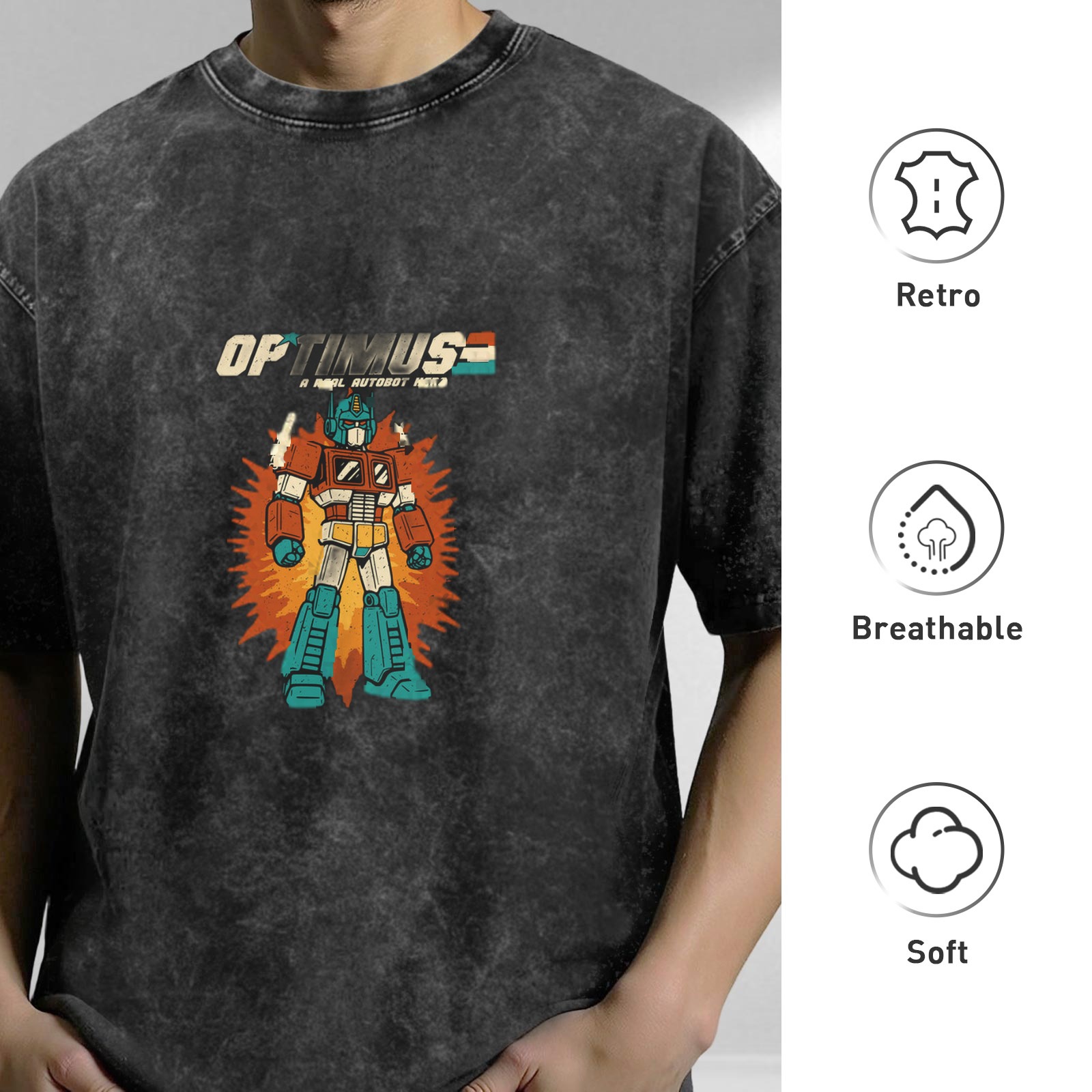 Vintage Optimus Robot Graphic Washed Black T-Shirt
