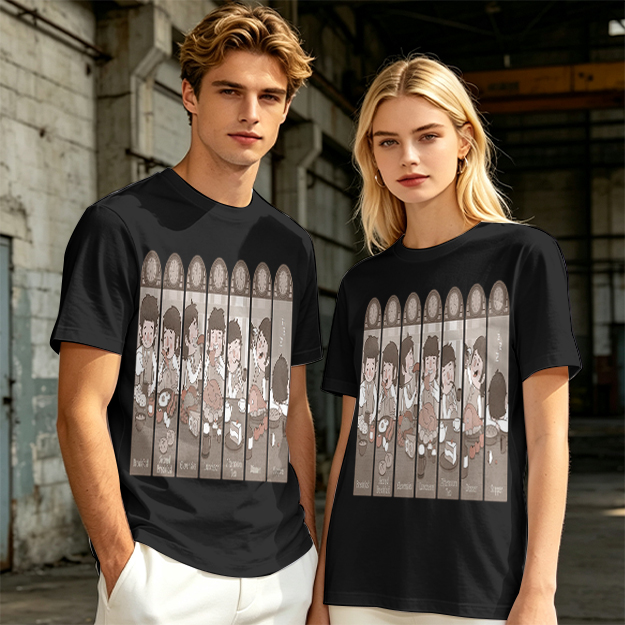 Olive green t-shirt with cartoon medieval feast scene print