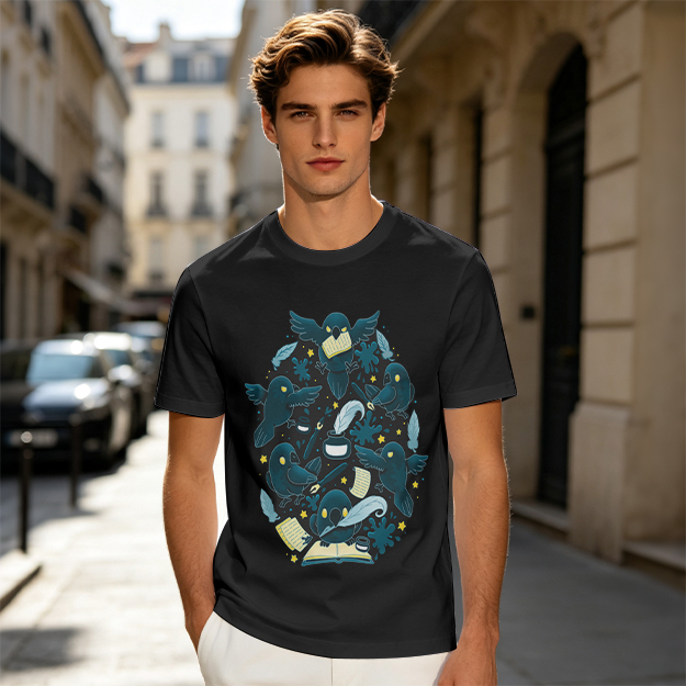 Olive T-Shirt With Whimsical Crow And Stationery Print