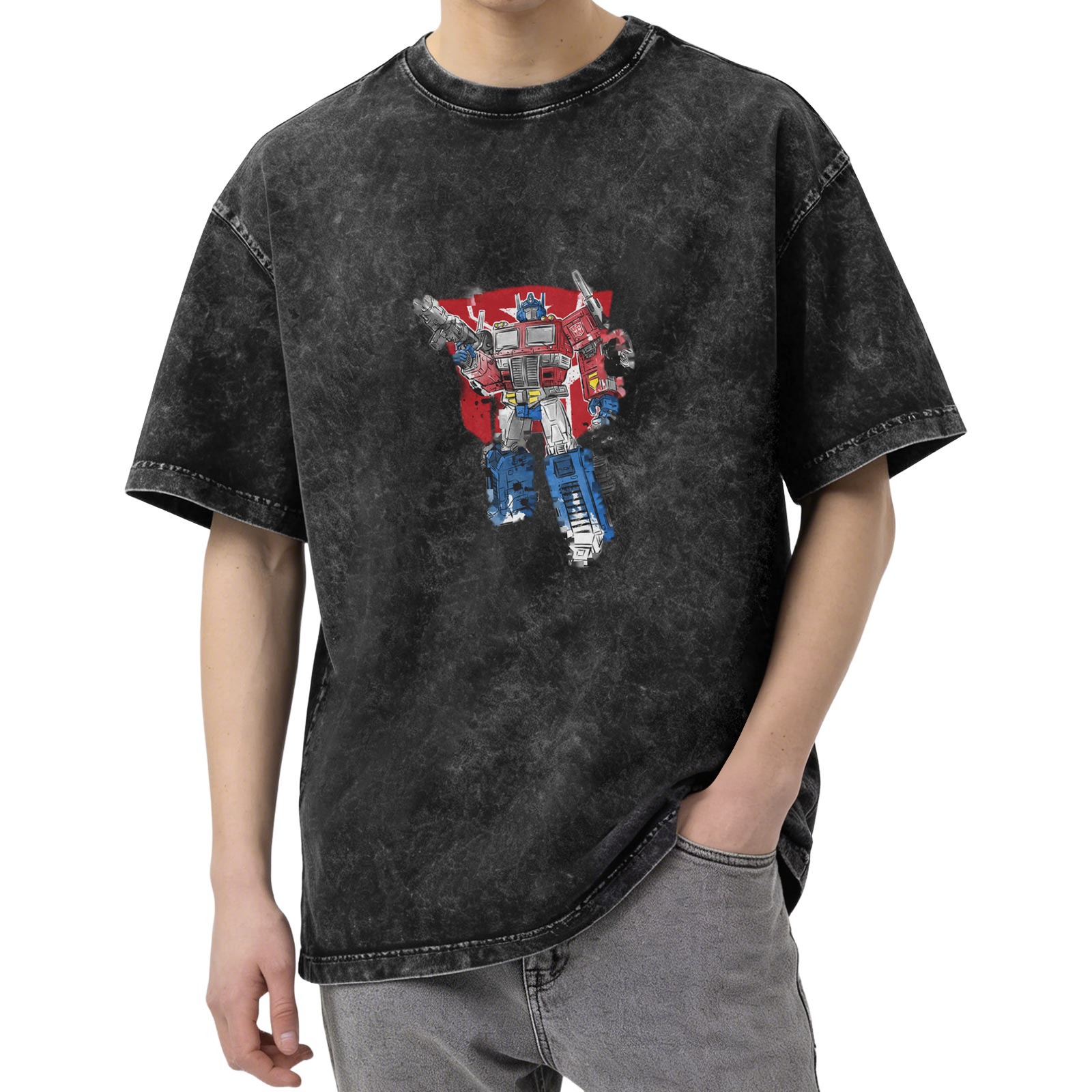 Washed distressed black Optimus Prime graphic short-sleeved T-shirt