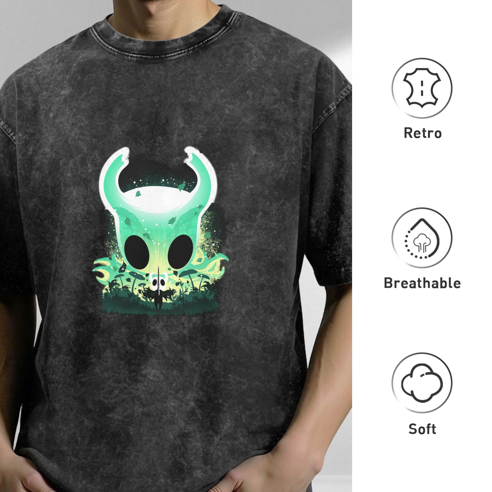 Oversized Dark Wash T-Shirt With Glowing Green Horned Skull Art