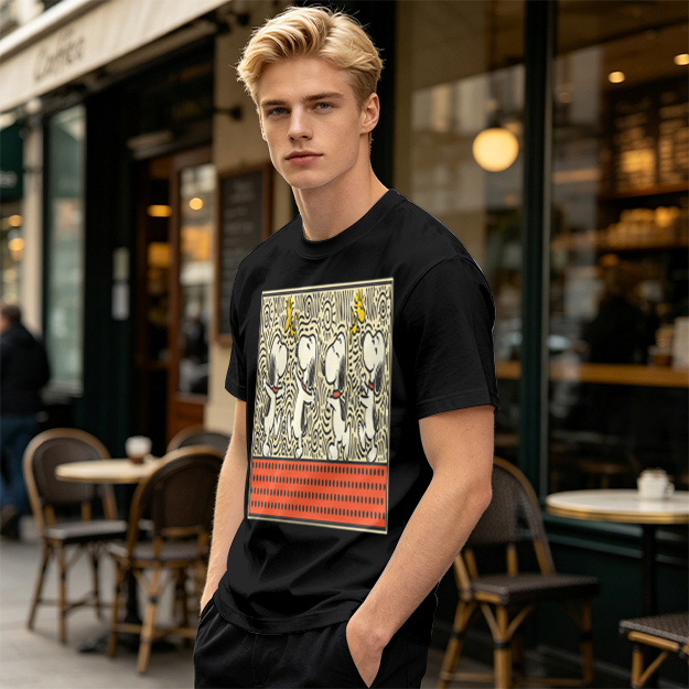 Olive T-shirt with dancing Snoopy and Woodstock graphic print
