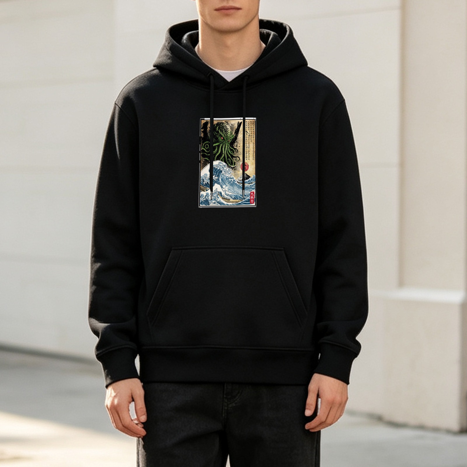 Black hoodie with Cthulhu great wave ukiyo-e style print