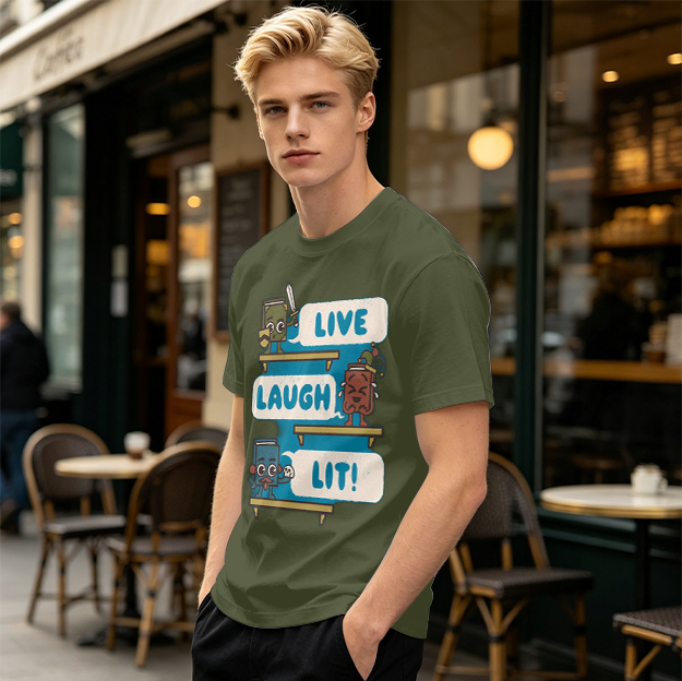 Olive T-Shirt With Cartoon Books 'Live Laugh Lit' Graphic