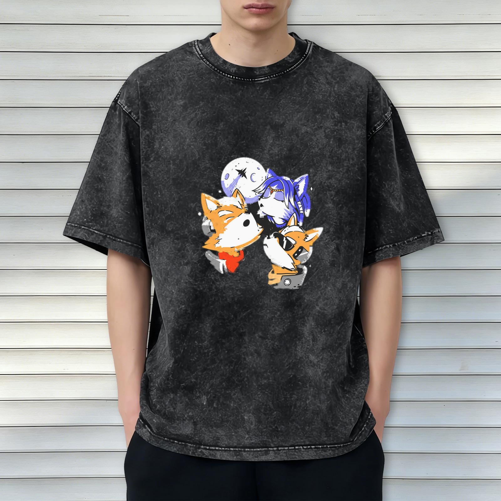 Oversized Acid Wash T-Shirt With Space Fox Cartoon Graphic Print