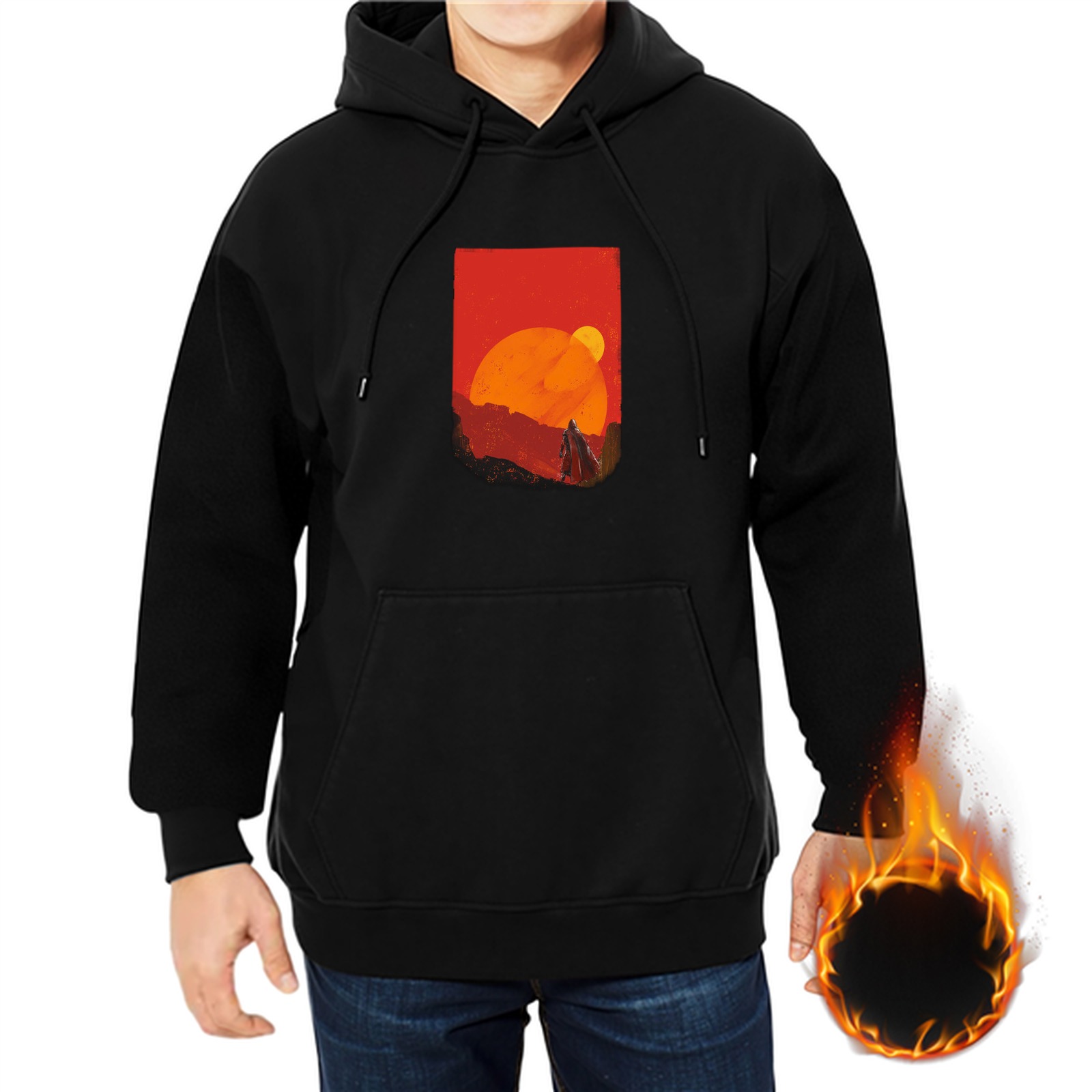 Black Hoodie with Dual Sunset Desert Landscape Graphic
