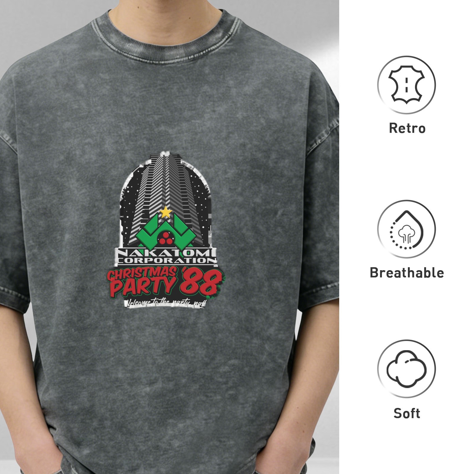 Nakatomi Corporation Christmas Party '88 Retro washed distressed short-sleeved T-shirt Christmas themed printed top