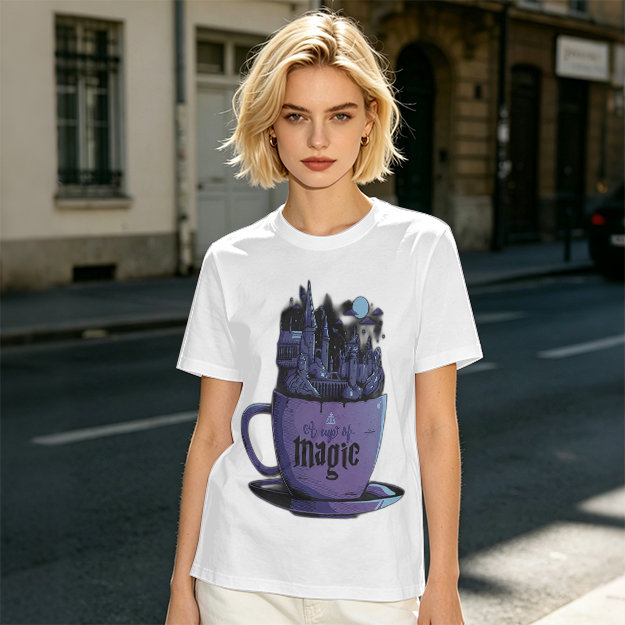 Olive T-Shirt With Teacup Holding Magical Castle Artwork