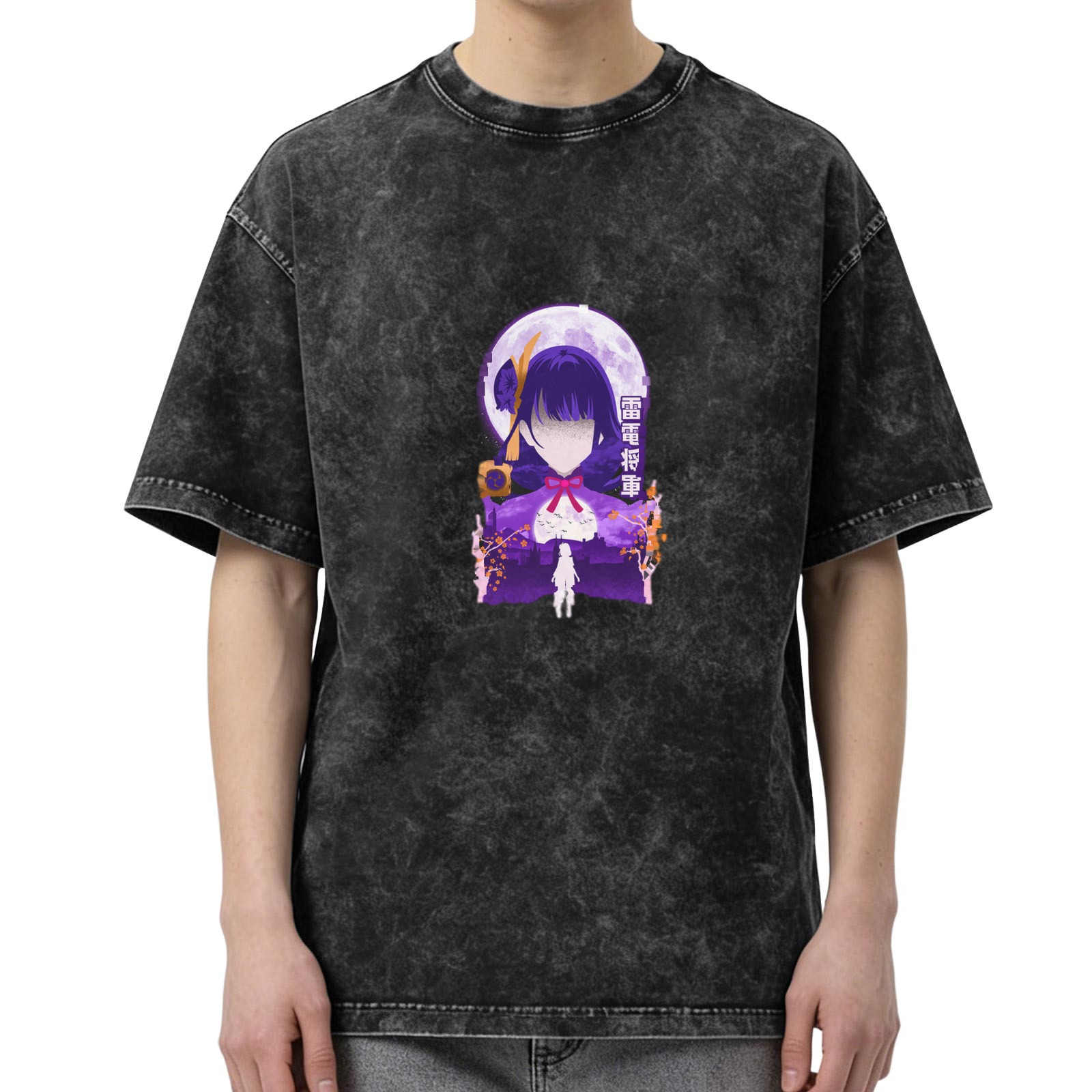 Oversized dark washed anime graphic t-shirt with purple character print
