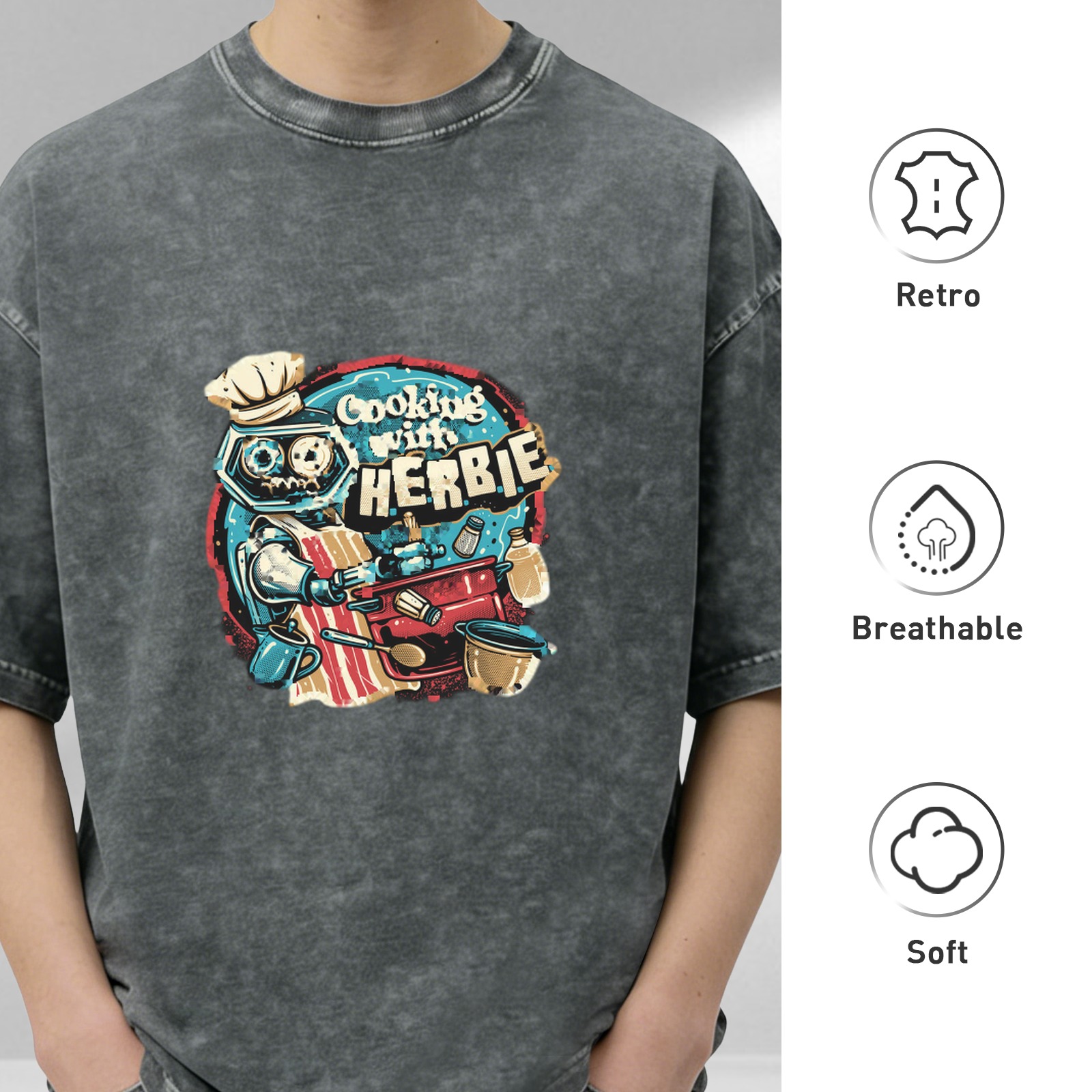 Oversized Washed Black T-Shirt with Cooking Robot Graphic