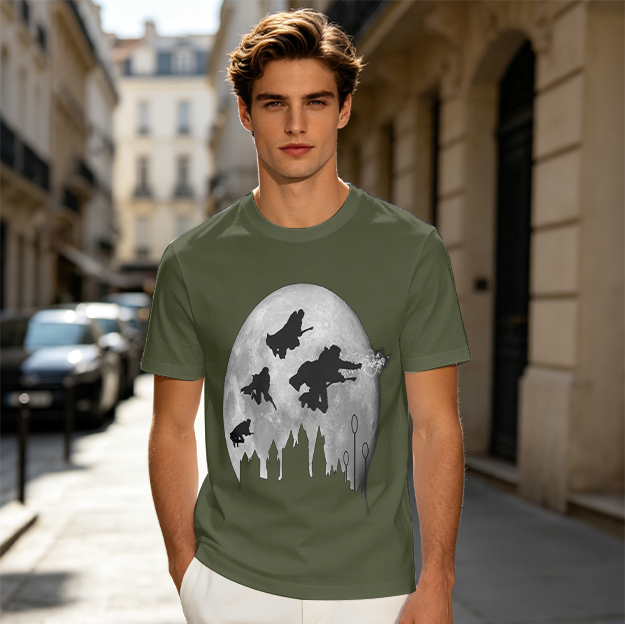 Olive T-Shirt With Wizard Flying On Broomsticks Moon Silhouette Print