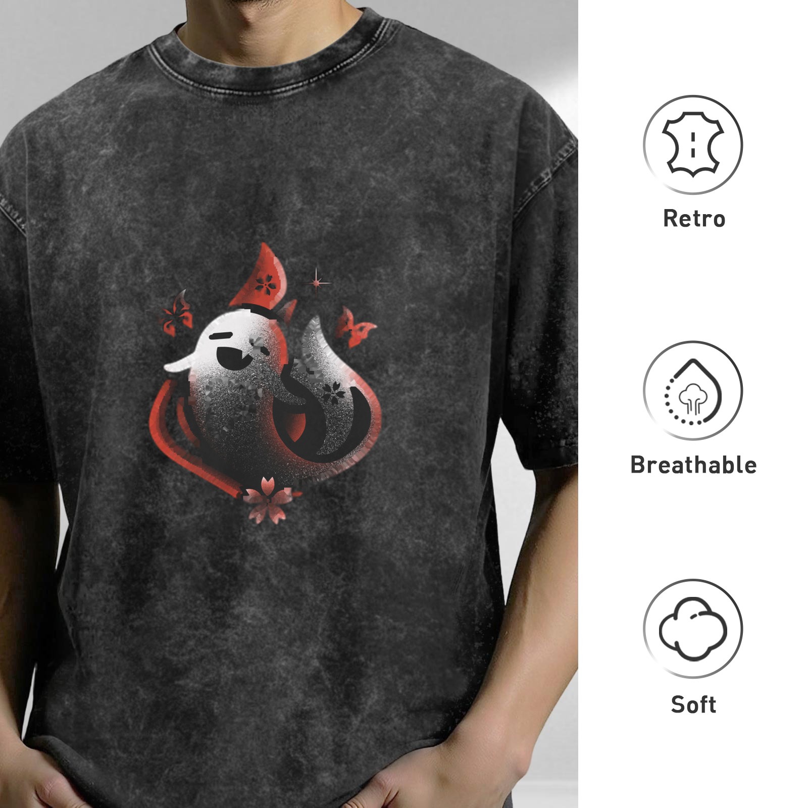 Washed black graphic t-shirt with cute ghost and fox print
