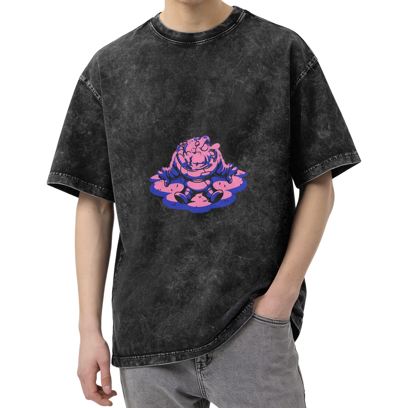Oversized Acid Wash T-Shirt With Meditating Cartoon Character Print