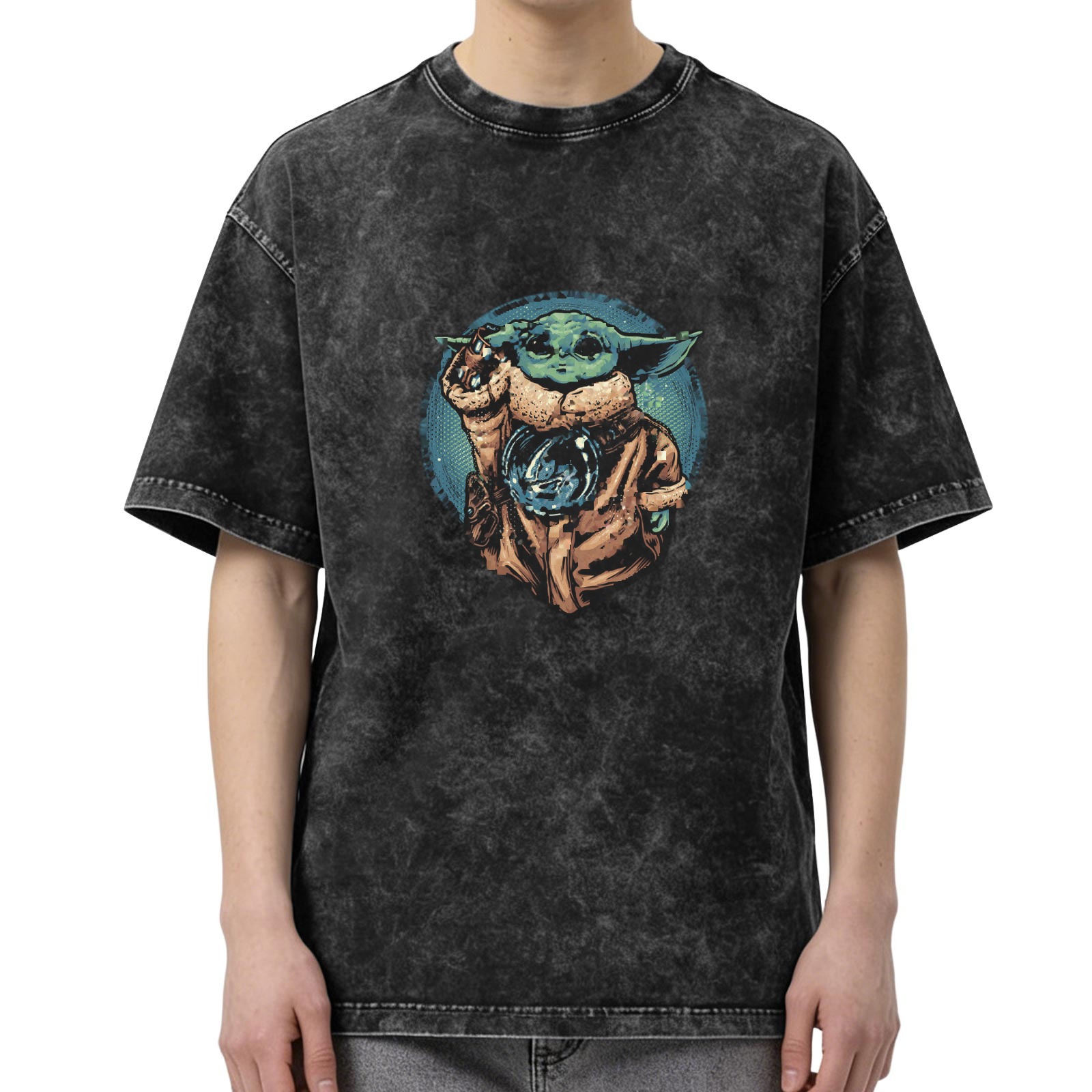 Washed Black T-Shirt Featuring Baby Yoda Graphic