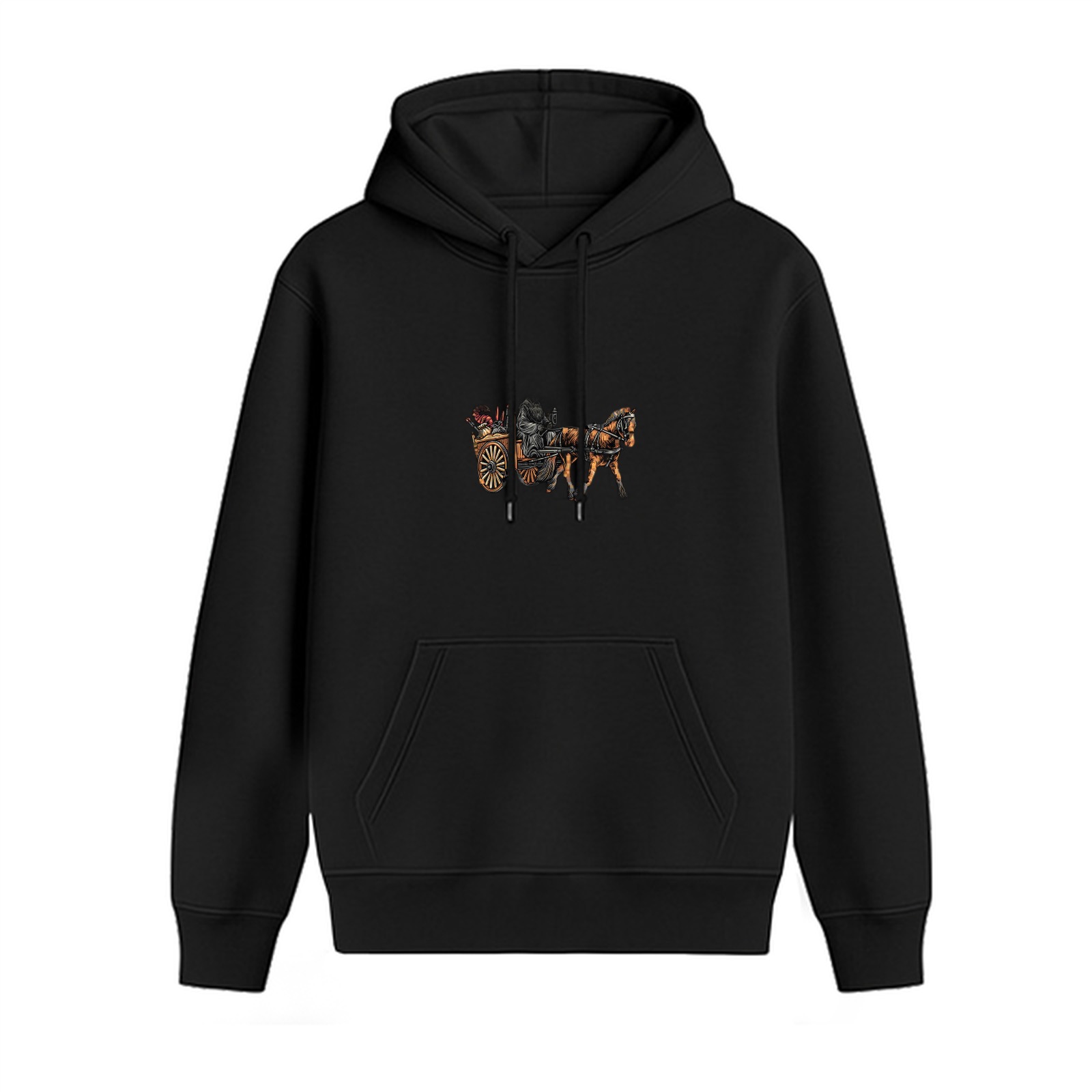 Black Hoodie With Horse And Cart Graphic Print