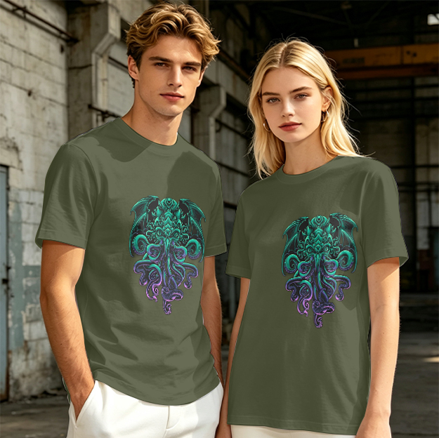 Olive Green T-Shirt With Cthulhu Octopus Dragon Graphic