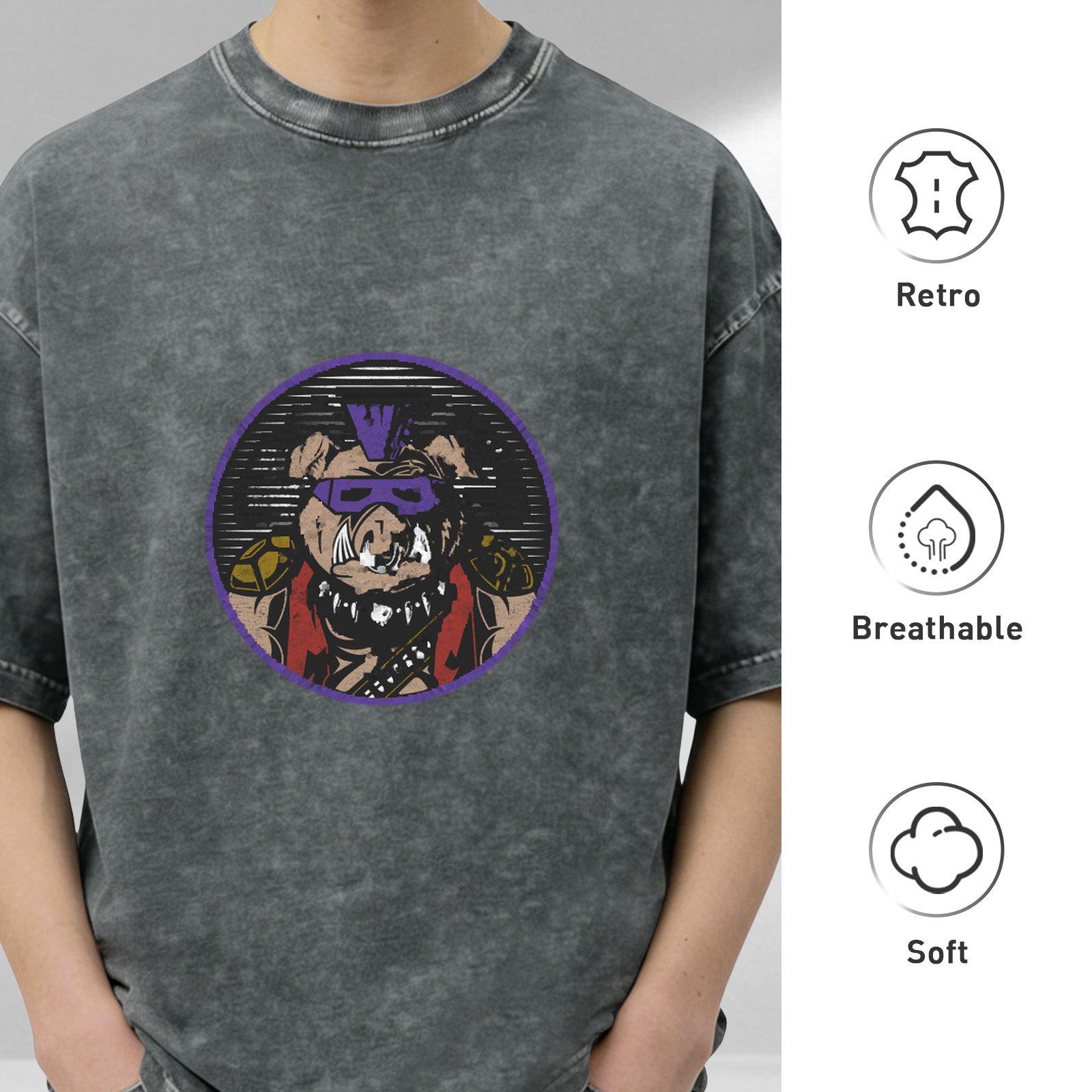 Washed Black Oversized T-Shirt With Retro Pig Villain Graphic Print