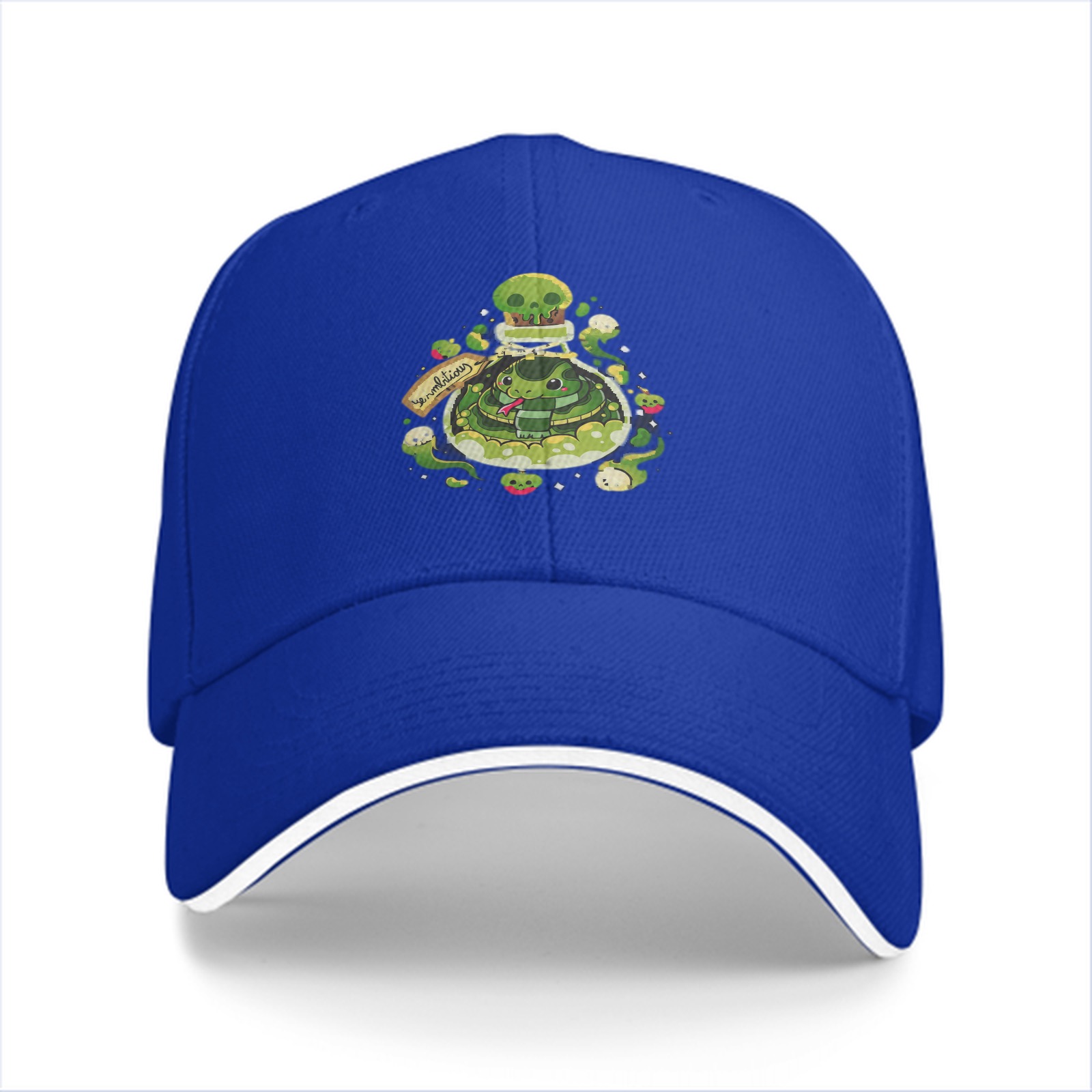 Black baseball cap with green snake potion bottle graphic