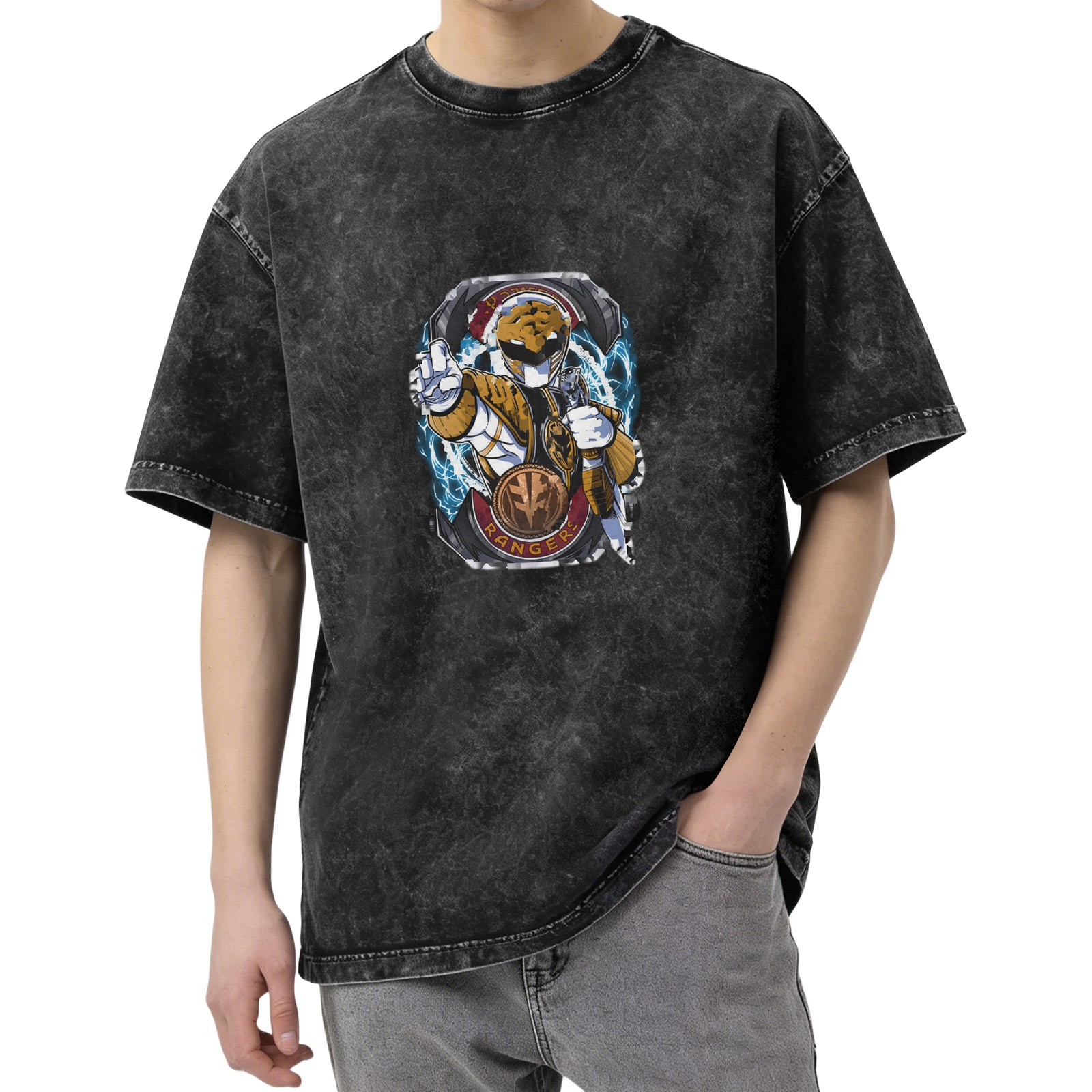 Oversized Stonewashed T-Shirt with White Power Ranger Graphic