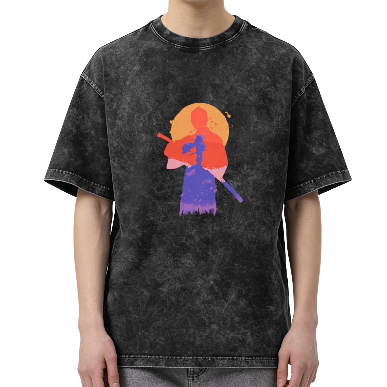 Washed black graphic t-shirt with samurai sunset silhouette print