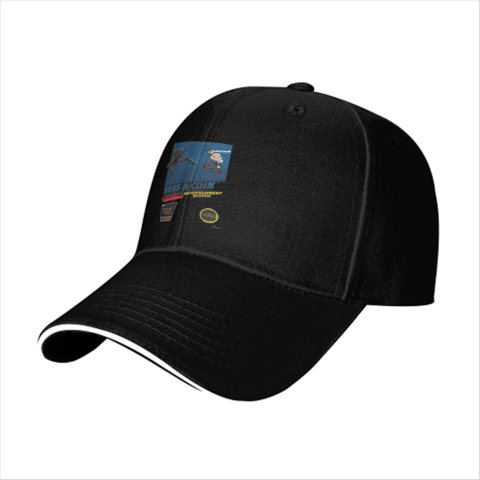 Black baseball cap with retro gaming themed graphic print
