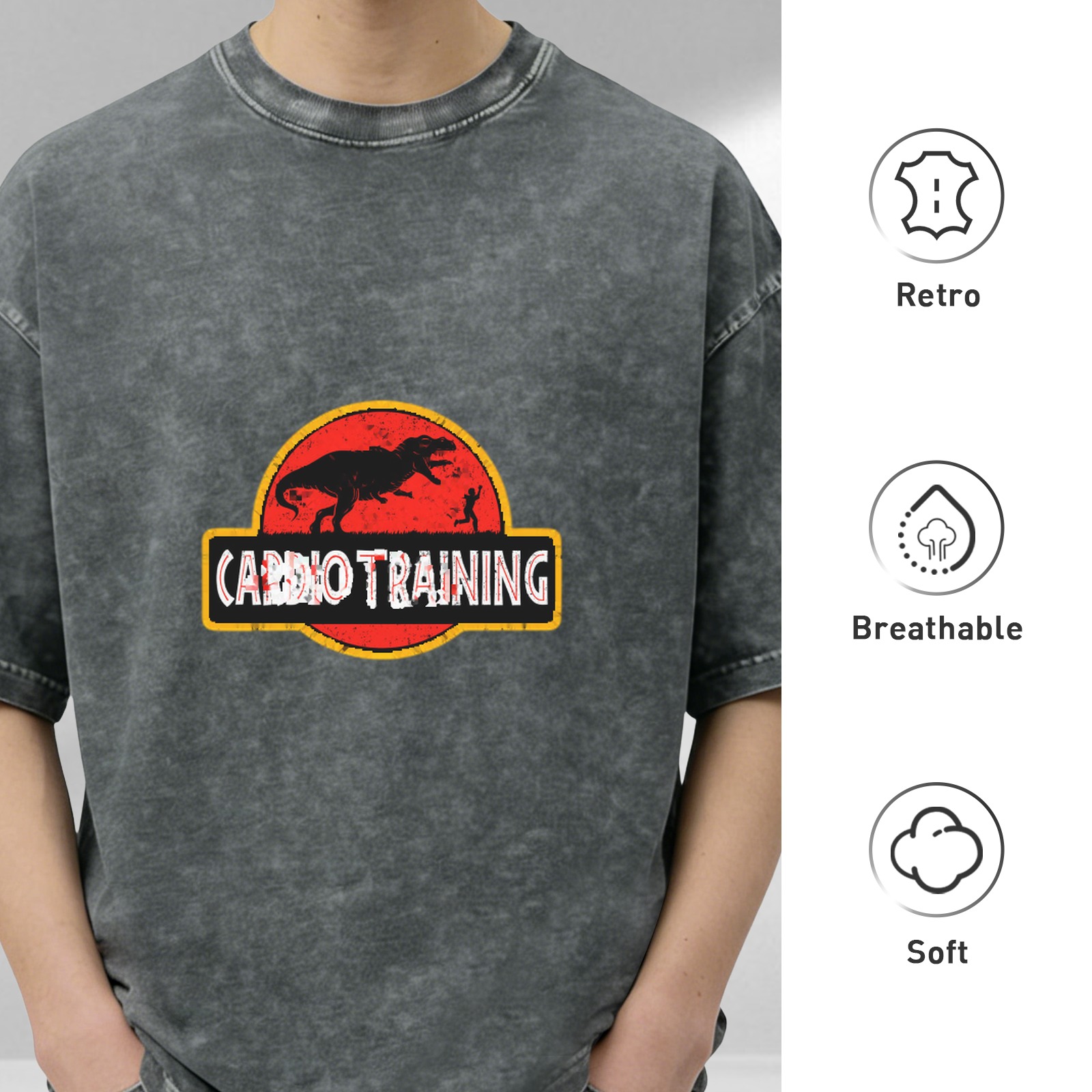Washed Black T-Shirt with Funny Cardio Training Dinosaur Graphic