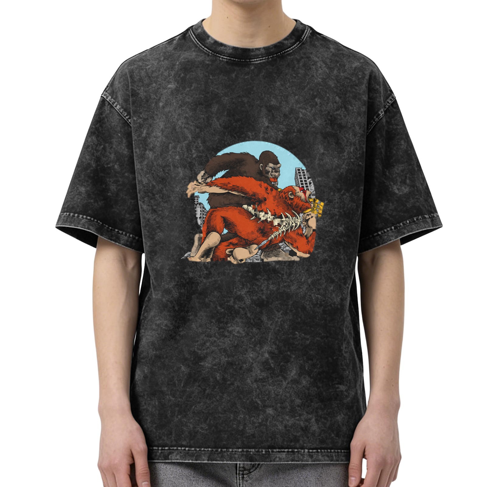 Washed black graphic t-shirt with giant ape monster battle print