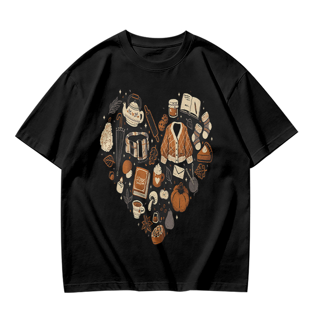 Olive Green T-Shirt With Fall Themed Heart Shaped Graphic