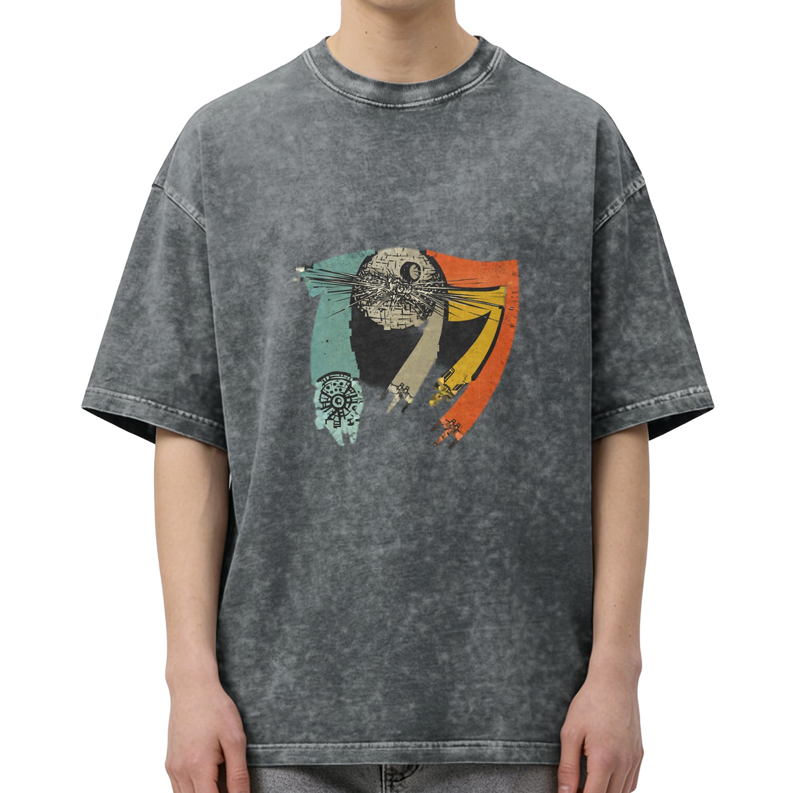 Distressed black Star Wars themed printed short-sleeved T-shirt