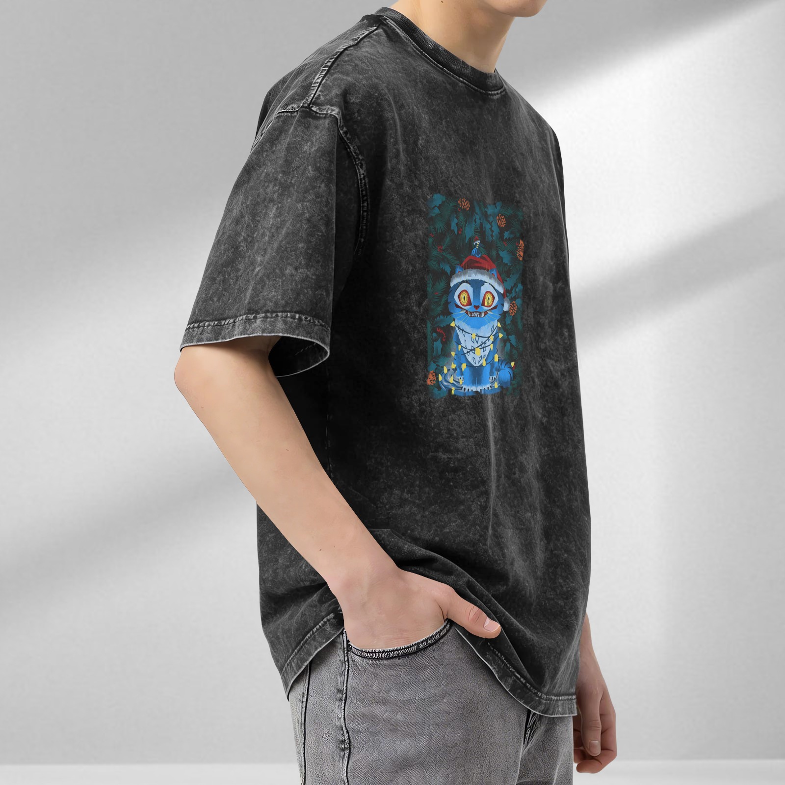 Distressed Black Christmas Blue Cat Print Short Sleeve T-Shirt