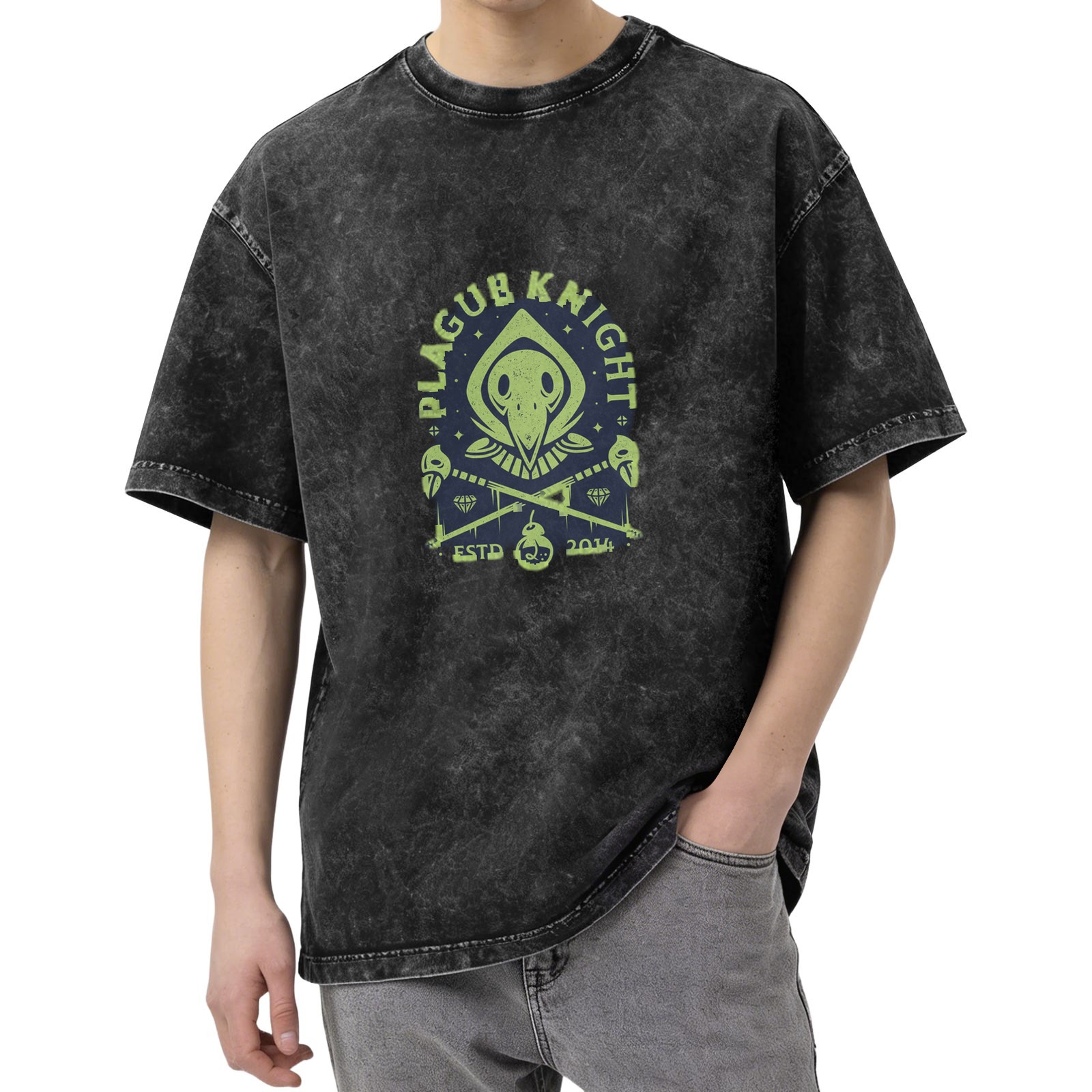 Oversized Stonewashed T-Shirt With Plague Knight Graphic Print