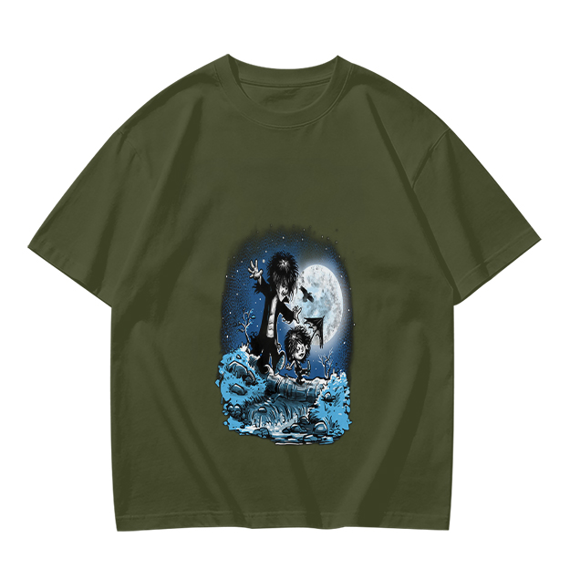 Olive T-Shirt With Gothic Moonlit Water Creature Graphic Print