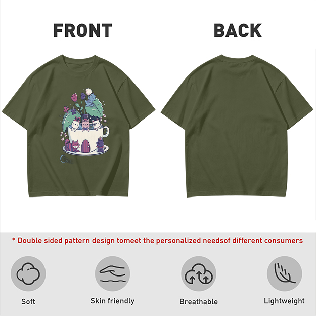 Olive T-Shirt With Whimsical Teacup Kitten Garden Print