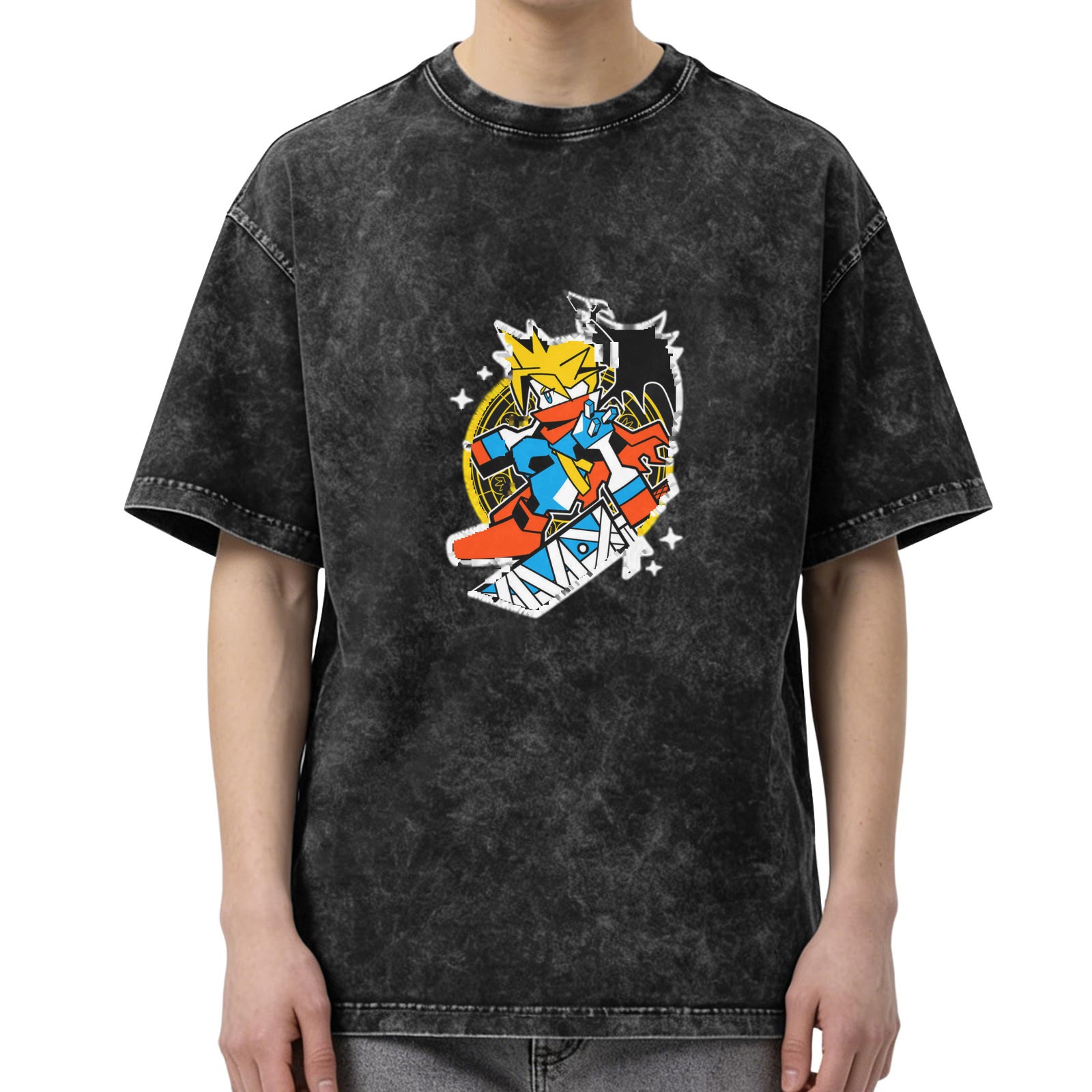 Washed black oversized t-shirt with anime-style graphic print