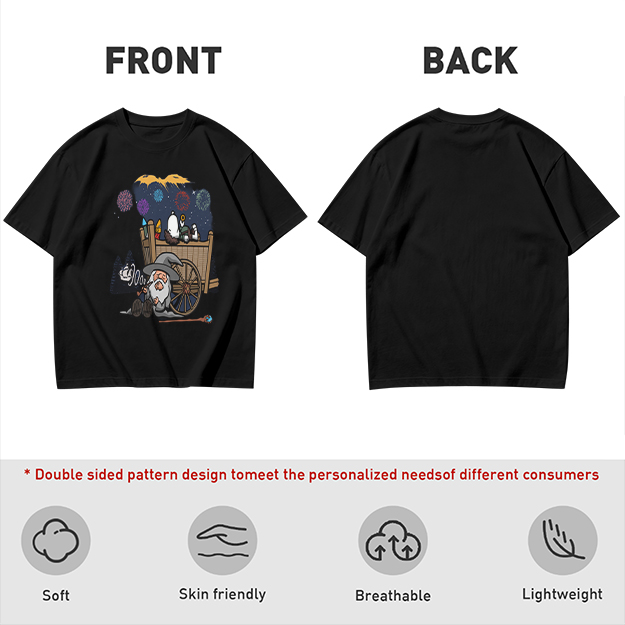 Olive T-Shirt with Wizard and Fireworks Cart Graphic