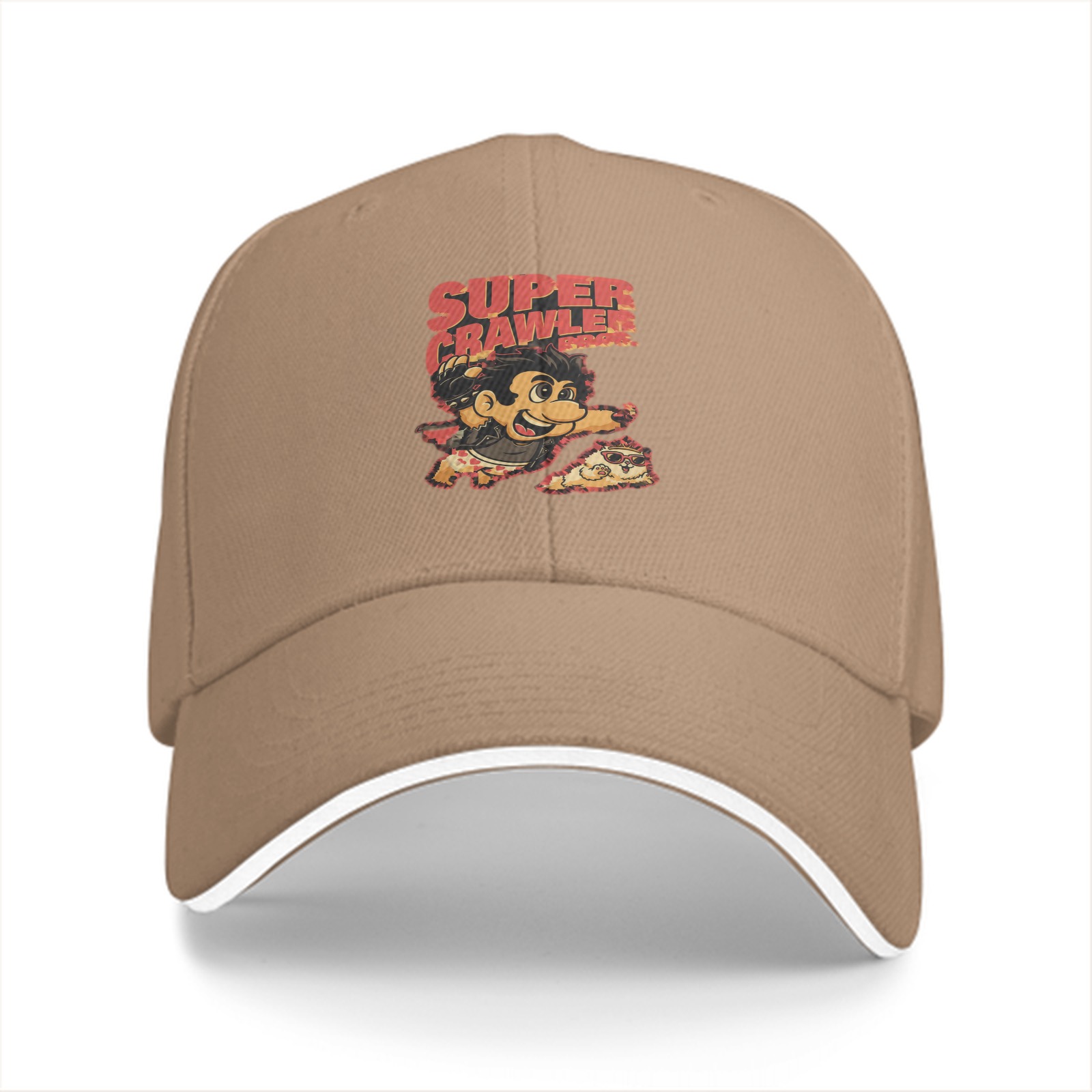 Black baseball cap with Super Crawler pizza-themed cartoon graphic