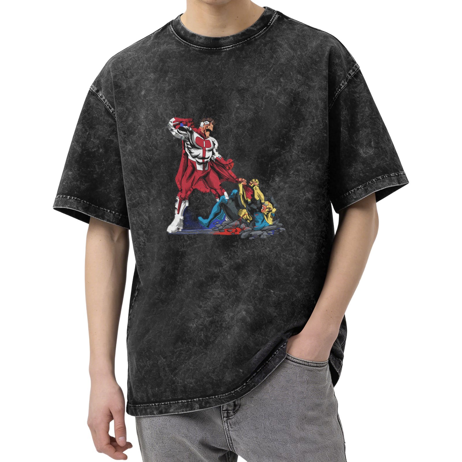 Oversized Dark Wash T-Shirt with Superhero Fight Graphic Print