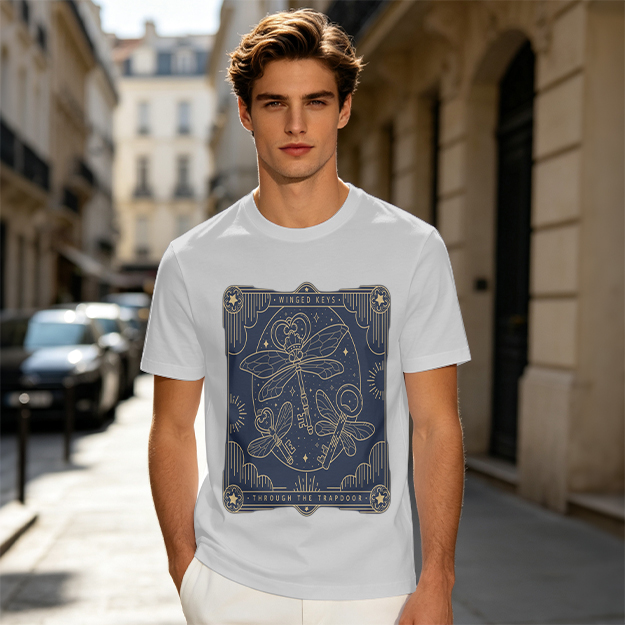 Olive t-shirt with winged keys tarot-style graphic design