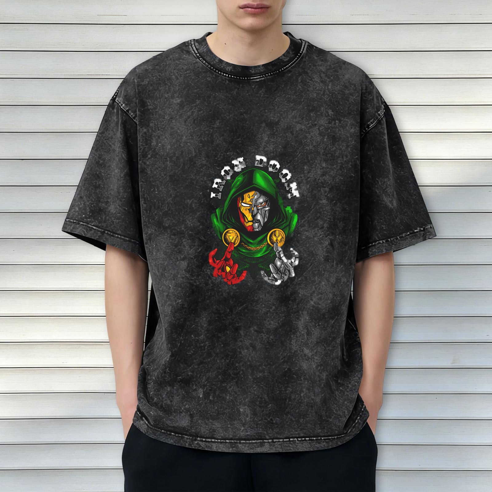 Iron Doom Graphic Acid Wash Black Oversized T-Shirt