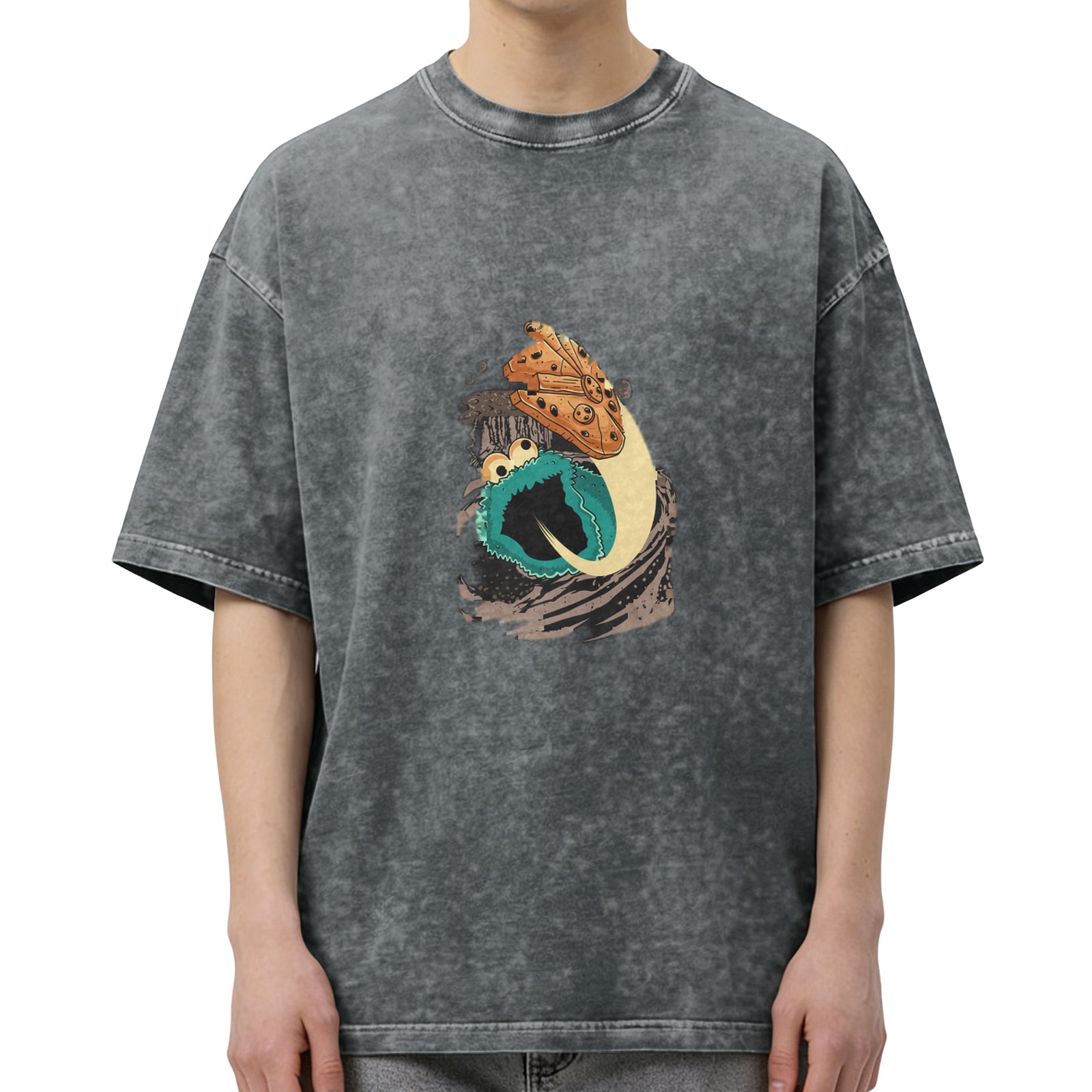 Oversized Acid Wash T-Shirt with Cookie Monster Graphic Print