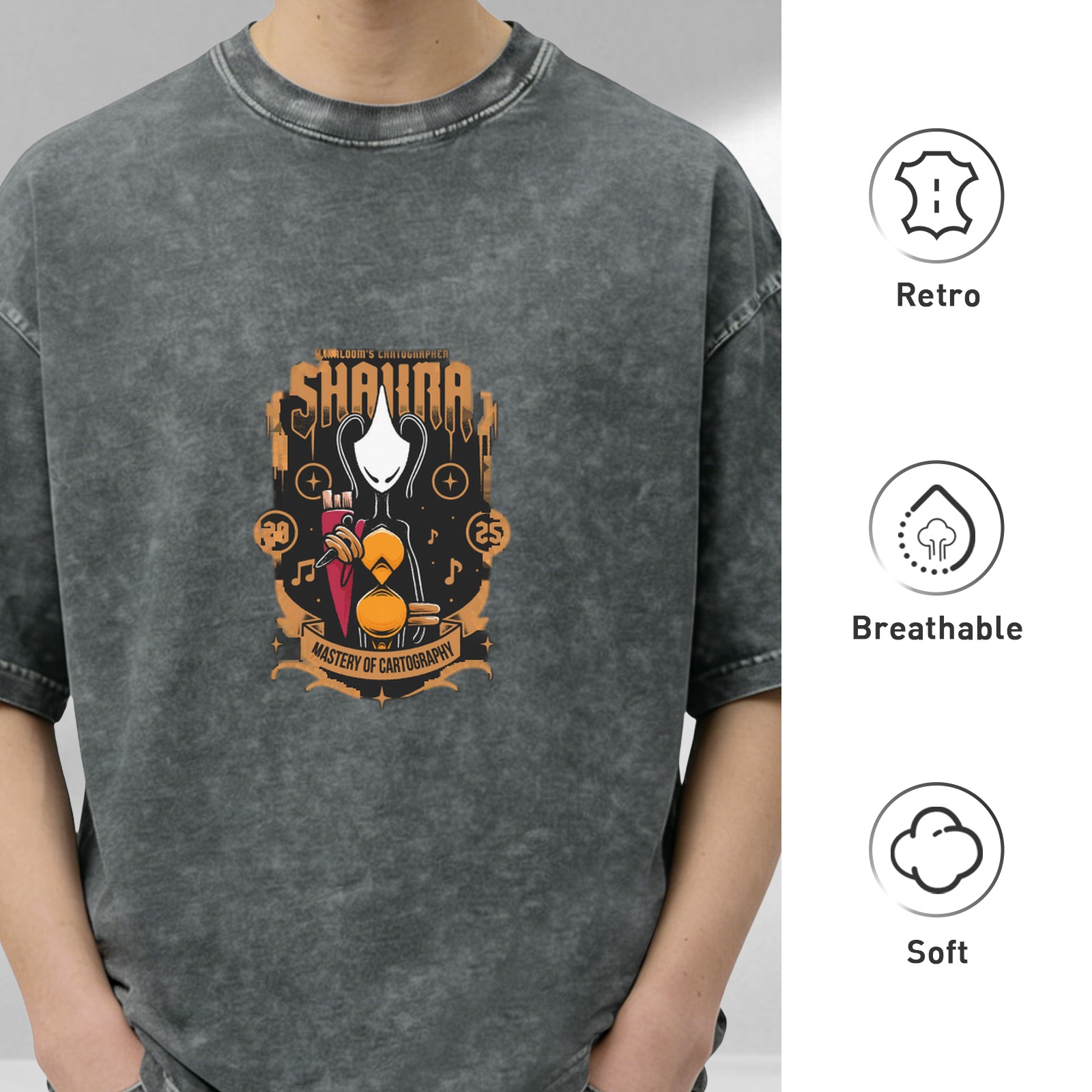 Oversized Acid Wash T-Shirt with Hollow Knight Style Shade Mastery of Cartography Print