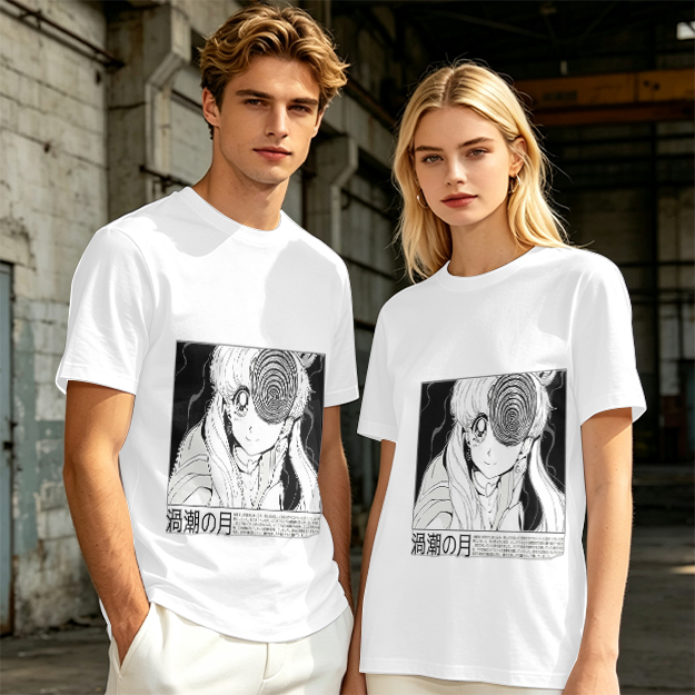 Olive anime graphic t-shirt with spiral eye design