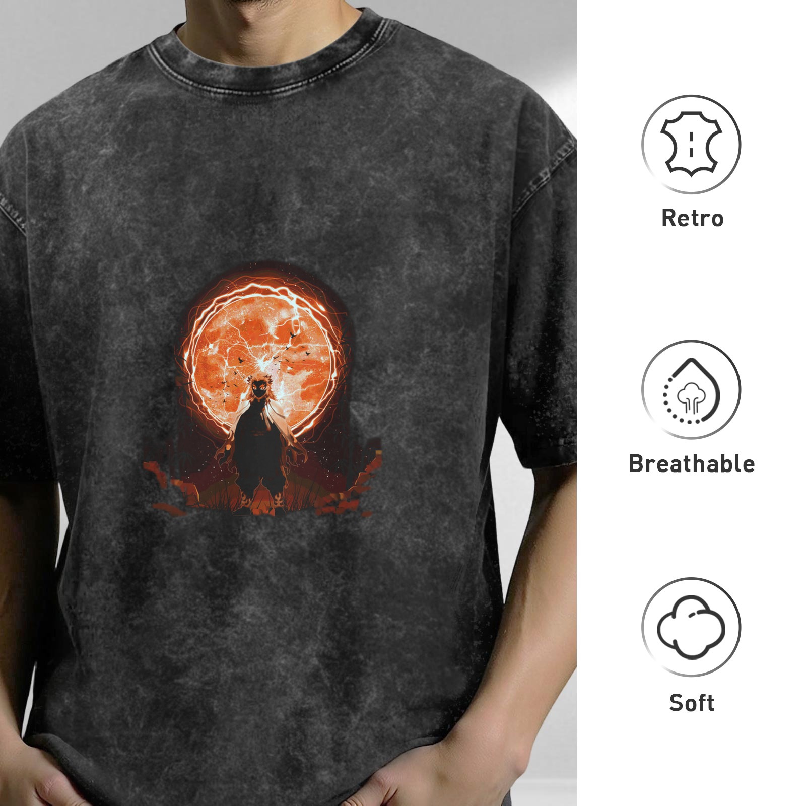 Washed Black Oversized T-Shirt With Anime Character Under Glowing Red Moon Graphic